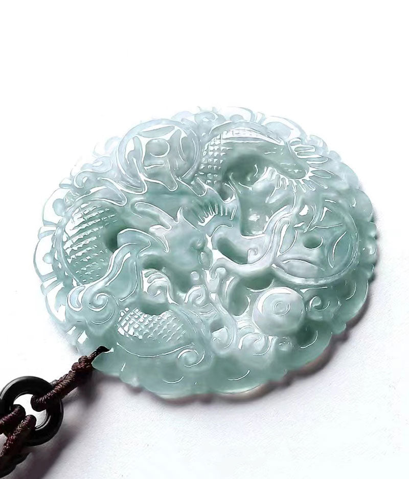 Hand Carved Round Natural Ice Jadeite Jade Chinese Dragon Pendant Necklace-04