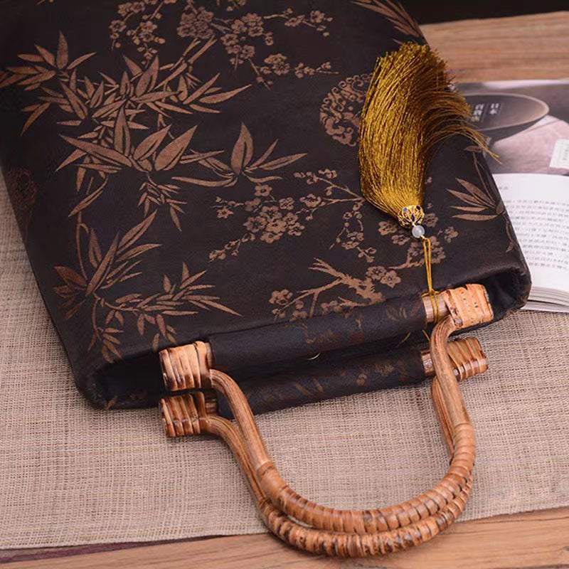 Retro Chinese Style Bamboo and Plum Print Handmade Wooden Handle Tote Bag