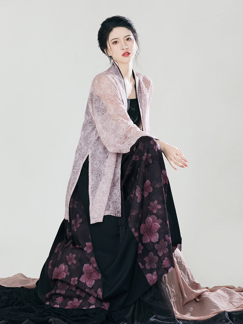 Song Style Pink and Black Morden Chinese Hanfu Set Peach Blossom Floral Print Skirt Set-03