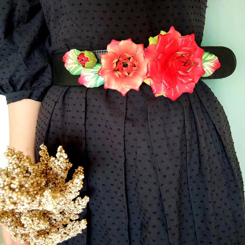 Ceinture en cuir pour femme vintage avec fleurs de rose rouge faites à la main
