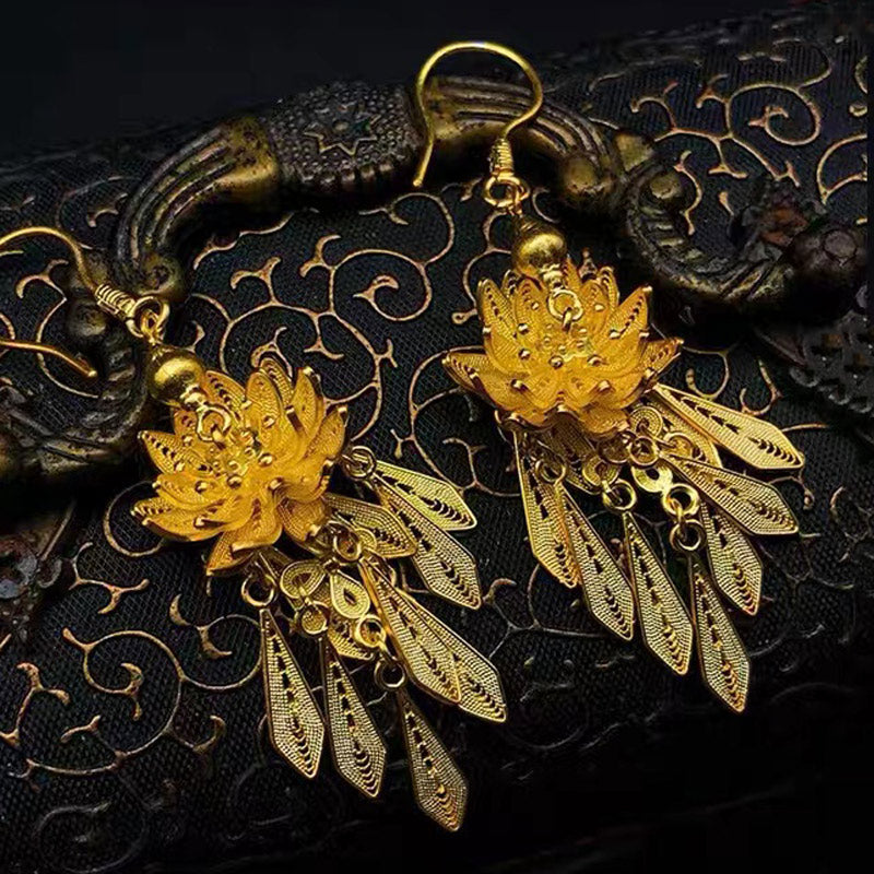 Handcrafted 999 Sterling Silver Women's Vintage  Flower Lotus Tassel Filigree Earrings