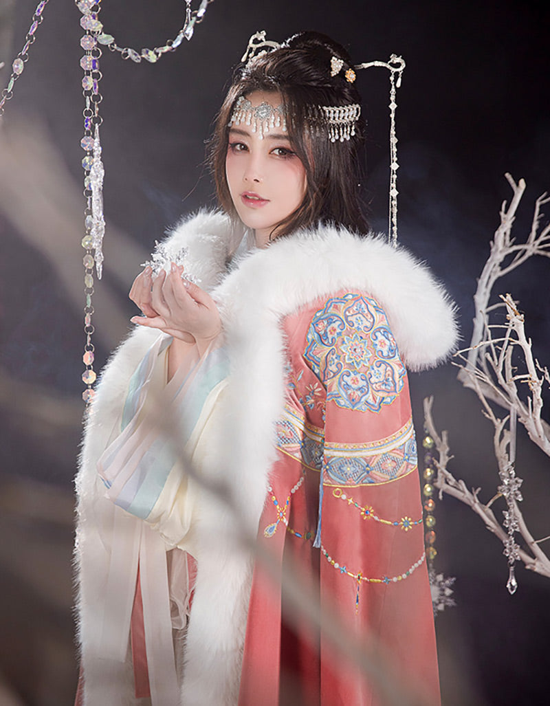 Bluedail Dunhuang Caisson Pattern Embroidery Fall and Winter Long Fleece Hooded Warm Cloak with Artificial Large Fur Collar-04