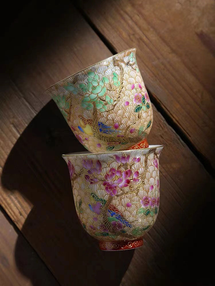 Tasse à thé en émail cloisonné de style royal de la dynastie Qing rétro avec pie et fleur d'abricot