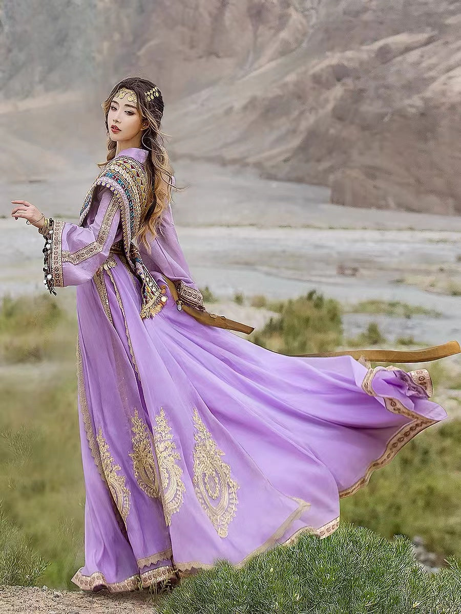 Inspired By the Ancient Western Chinese kingdom Princess of Loulan, Purple Boho Embroidery Hanfu Costume(4PCS)