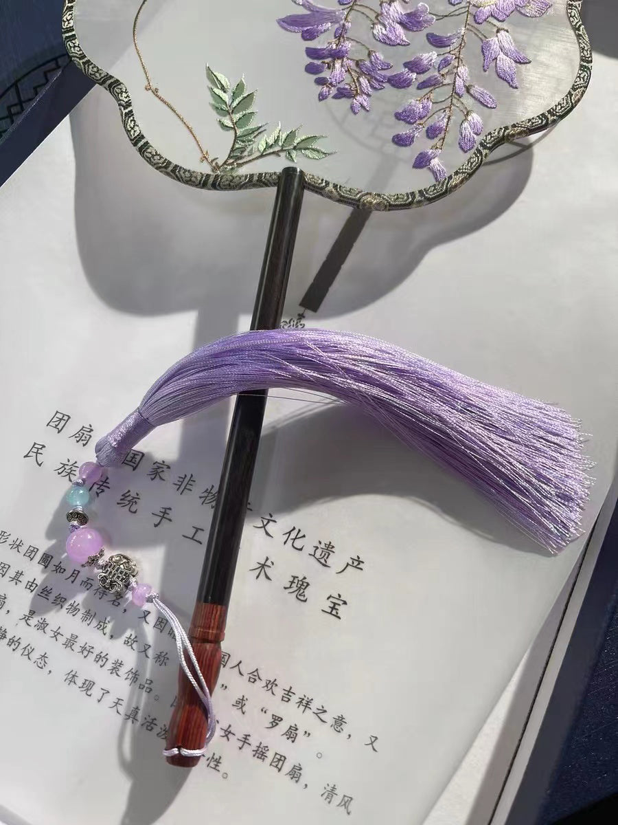 Bluedail Flower Shaped Single Side Beautiful Purple Wisteria Blossom Embroidered Handheld Decorative Fan Chinese Gift-04