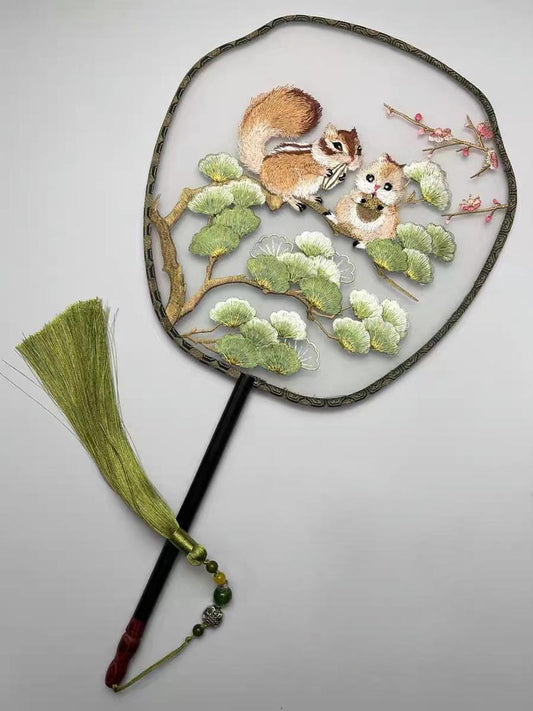 Ancient Chinese Landscape Painting - Grey Squirrels in Pine Tree Eating Pine Nuts Single Side Embroidered Handheld Decorative Fan Chinese Art-01