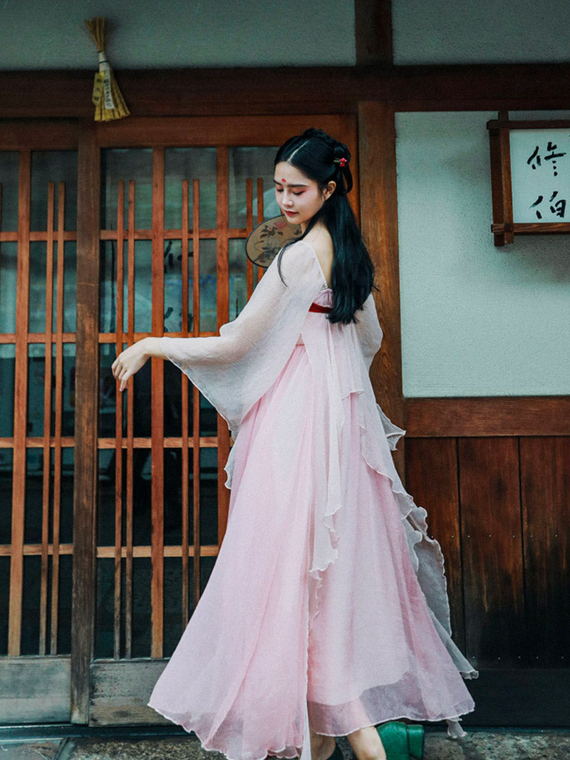 Handmade Pink Modern Hanfu Dess Daily Hanfu Skirt Chinese Style Chiffon Fairy Dress Pink / S Handmade Pink Modern Hanfu Dess Daily Hanfu Skirt Chinese Style Chiffon Fairy Dress Pink / S