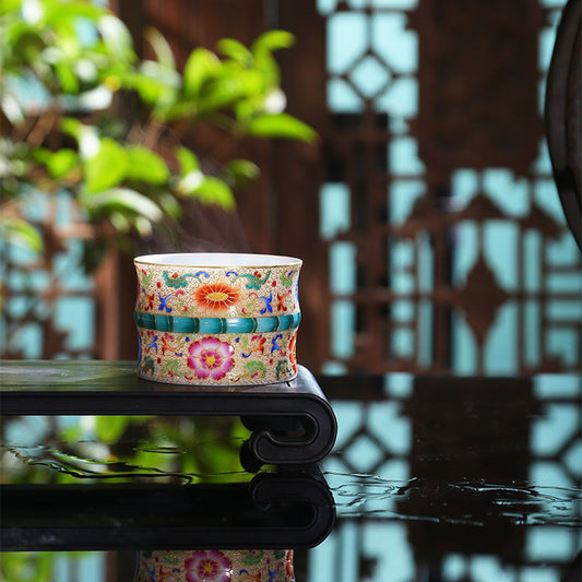 Tasse à thé Kung Fu en céramique peinte à la main en émail cloisonné Bu Bu Gao「riche et noble」Tasse à thé en bambou