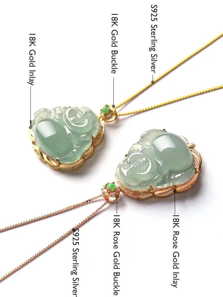 18K Gold Inlay Natural Ice Jadeite Jade Laughing Buddha「Happiness」Pendant Necklace for Men and Women-04