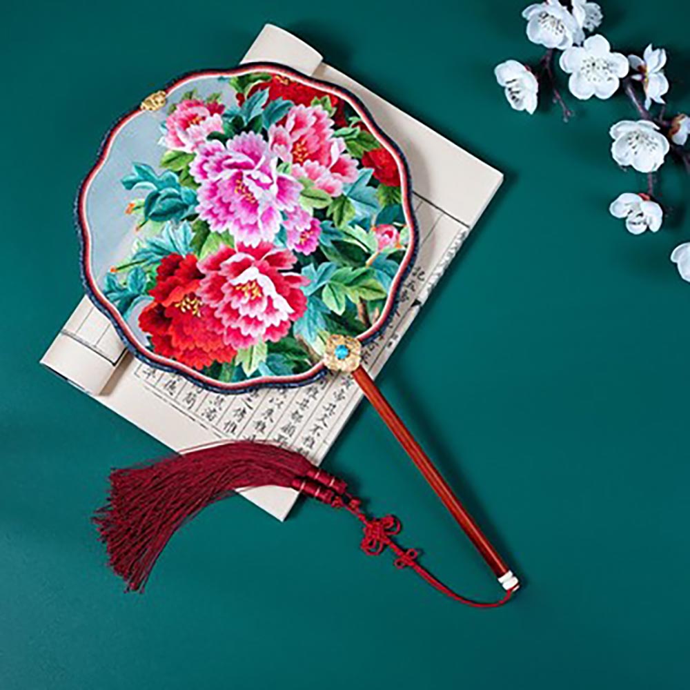 Handmade Double Side Embroidered Suzhou Embroidery Blooming Peony Flower Chinese Handheld Decorative Fan Chinese Art-04