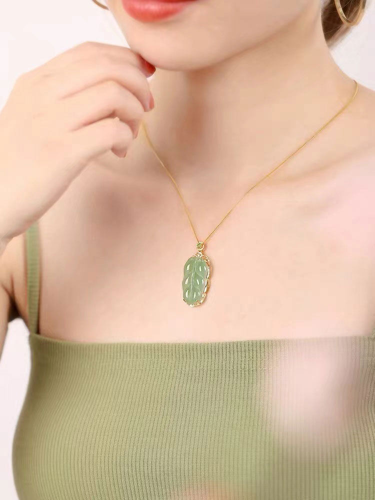 18K Gold Inlay Natural Ice Jadeite Jade Chinese「Jin Zhi Yu Ye」Golden Branch and Jade Leave Pendant Necklace-03