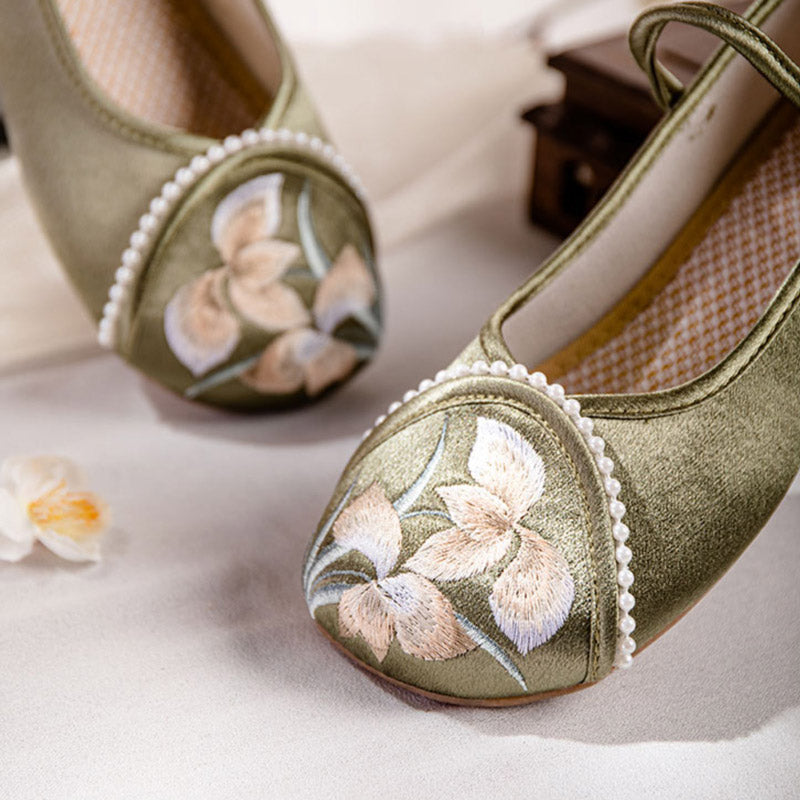 Orchid Flower Embroidery Ankle Strap Low Heel Shoes