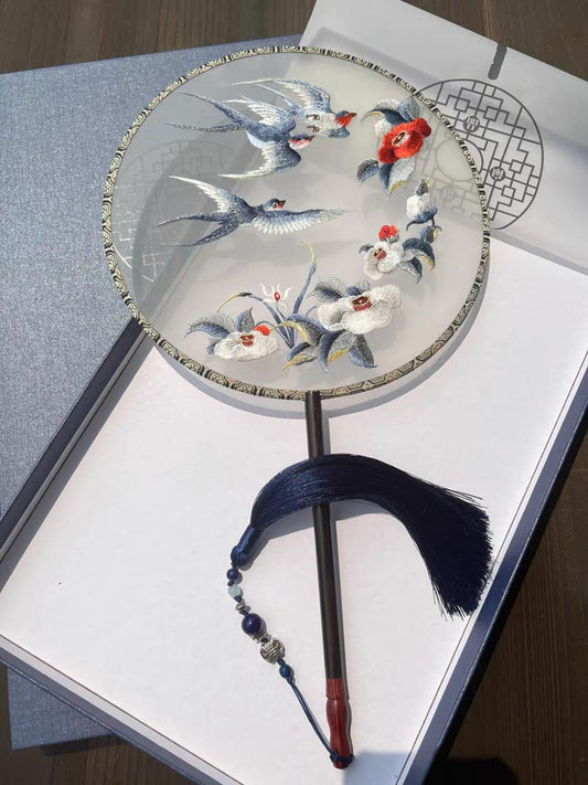 Ancient Chinese Landscape Painting - Spring Comes and Yan Returns Round Shaped Single Side Embroidered Beautiful Decorative Fan Chinese Gift-01