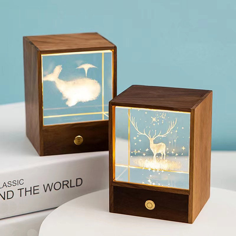 Vintage Walnut Base 3D Heart Rechargeable Table Lamp Multicolor Changing Light Birthday Gift