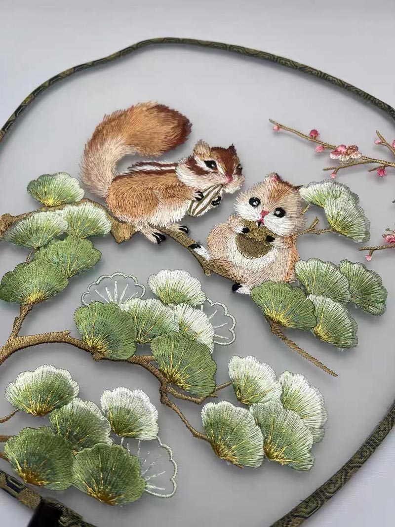 Ancient Chinese Landscape Painting - Grey Squirrels in Pine Tree Eating Pine Nuts Single Side Embroidered Handheld Decorative Fan Chinese Art-02