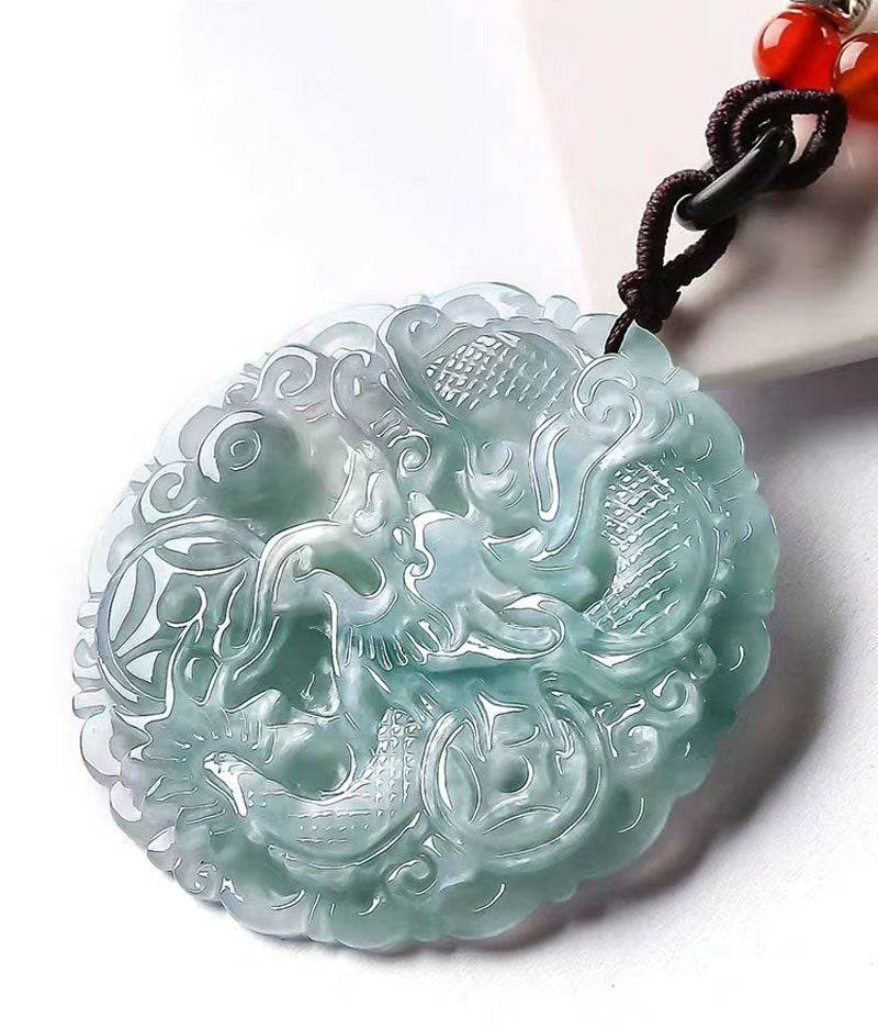 Hand Carved Round Natural Ice Jadeite Jade Chinese Dragon Pendant Necklace-03