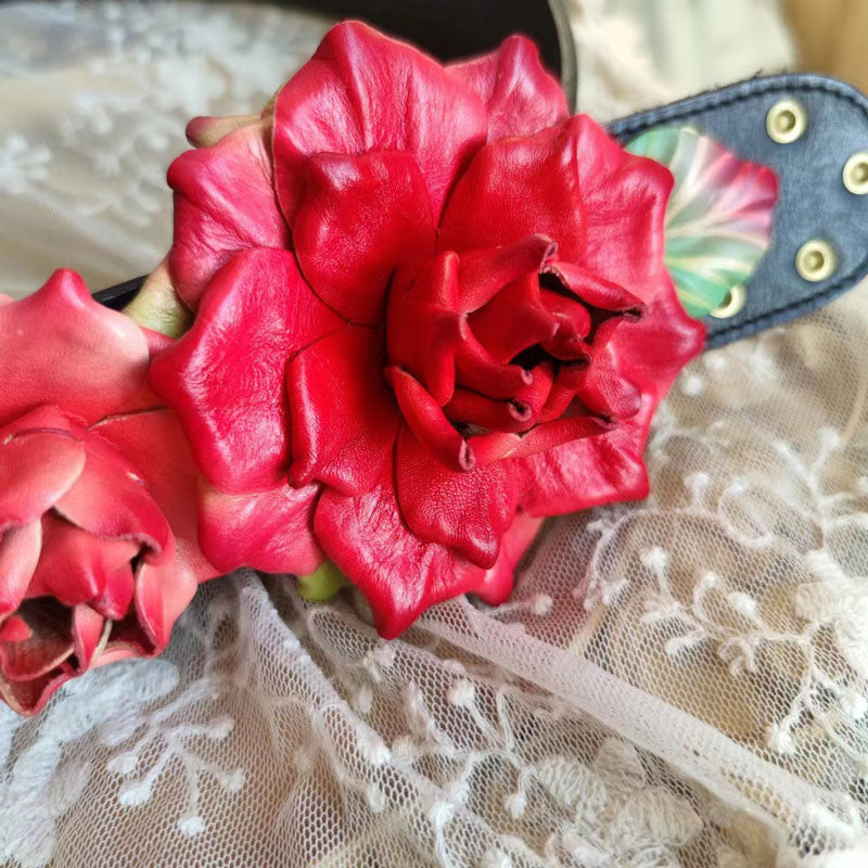 Ceinture en cuir pour femme vintage avec fleurs de rose rouge faites à la main