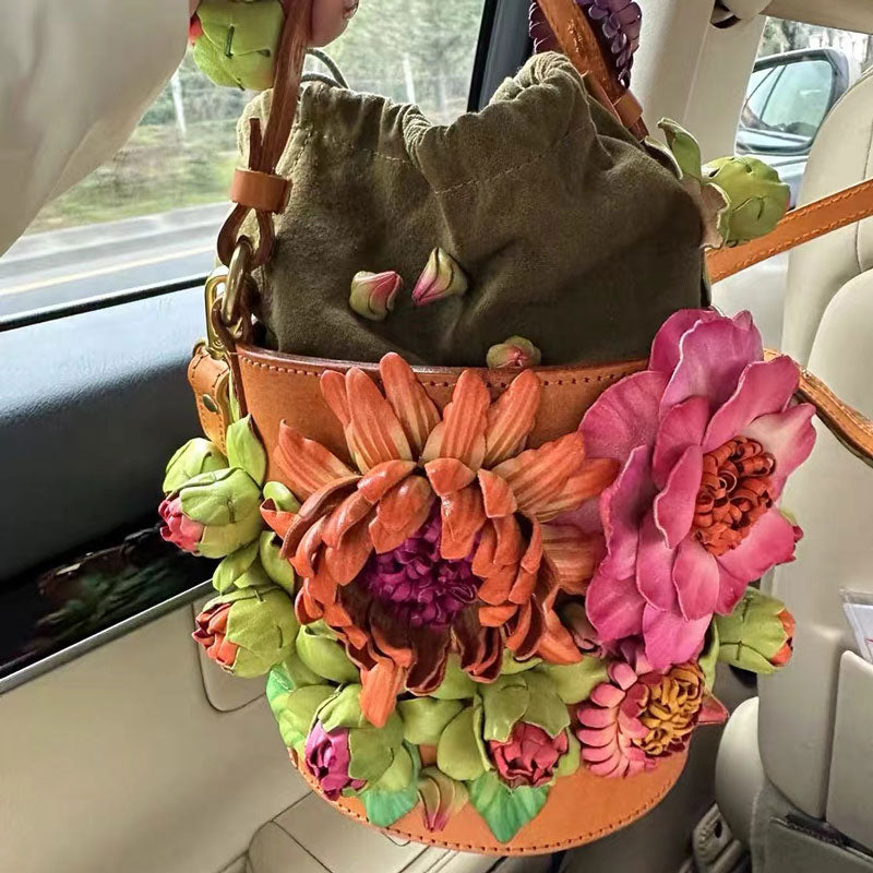 Handmade Vintage Three-Dimensional Flower Clusters Leather Handbag Bucket Bag for Women
