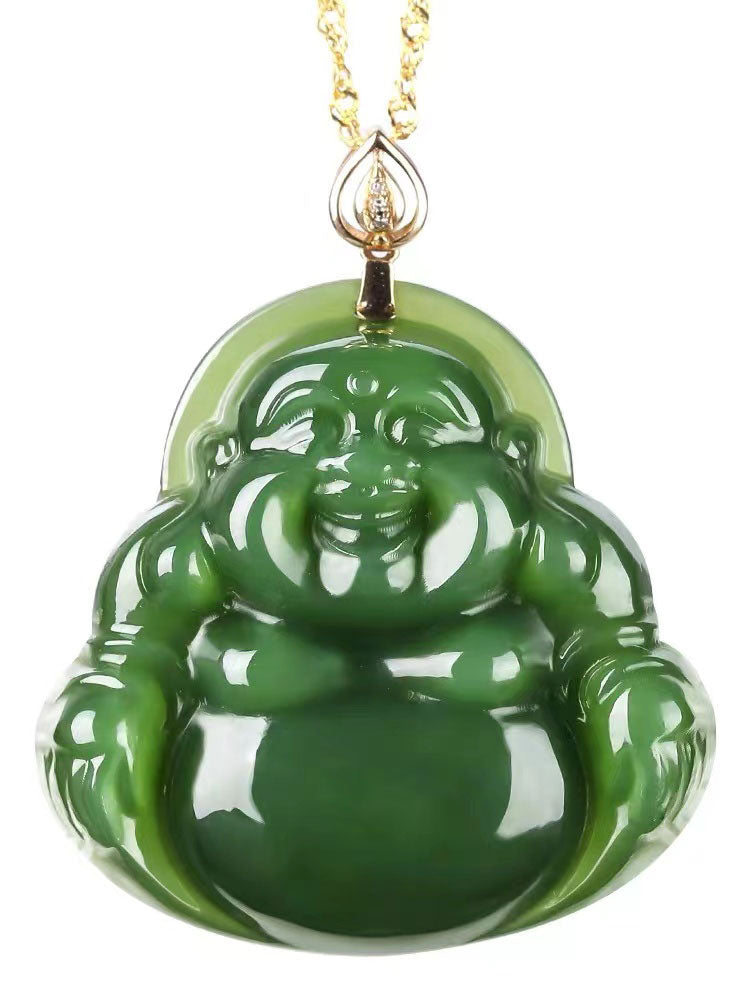 Emerald Green Natural Jadeite Jade Laughing Buddha「Happiness」Pendant Necklace for Men and Women-05
