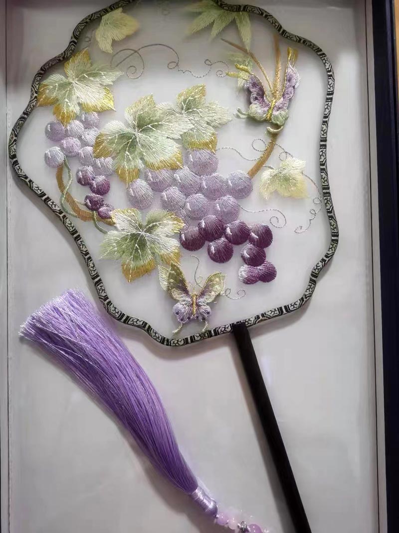 Grapes with Butterflies Flying Under the Vines Single Side Embroidered Handheld Fan Chinese Gift-05