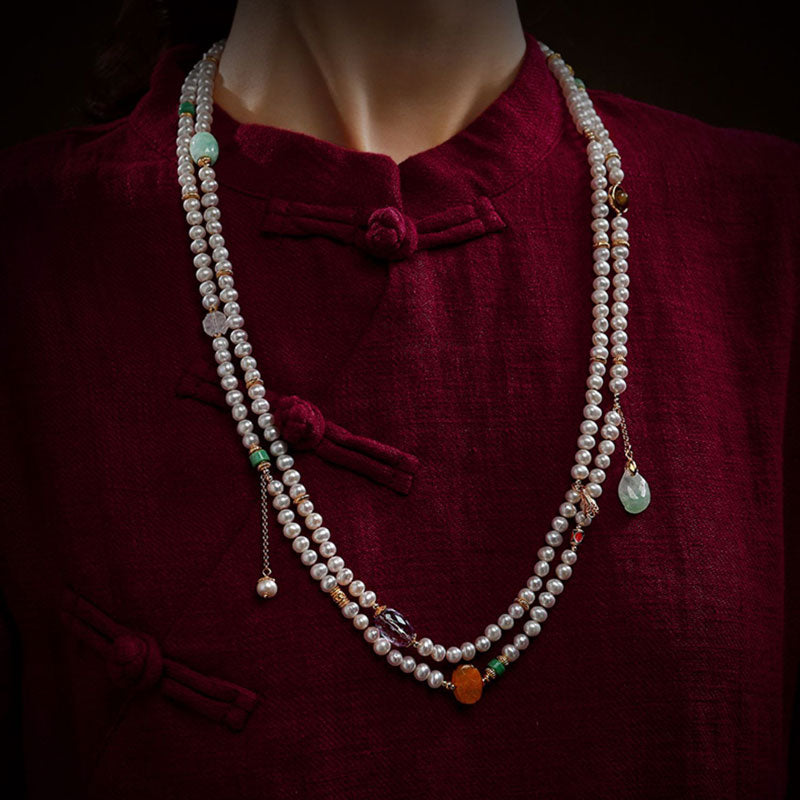 Exclusive Design Chinese Style Vintage Pearl Necklace with Fine Jade Tourmaline Gems-04