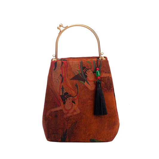Vintage Chinese Style Retro Brown Feitian Flying Apsaras Silk Handbag with Tassel Charm-01