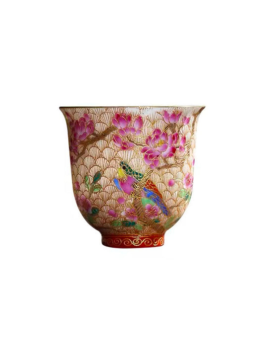 Retro Qing Dynasty Royal Style Cloisonné  Enamel Teacup with Magpie and Apricot Blossom