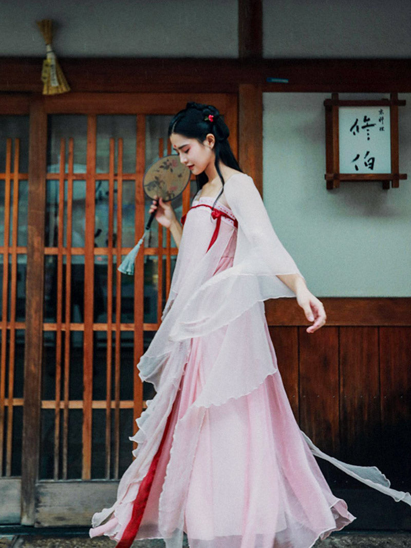 Pink Modern Hanfu Dess Daily Hanfu Skirt Chinese Style Chiffon Fairy Dress-01