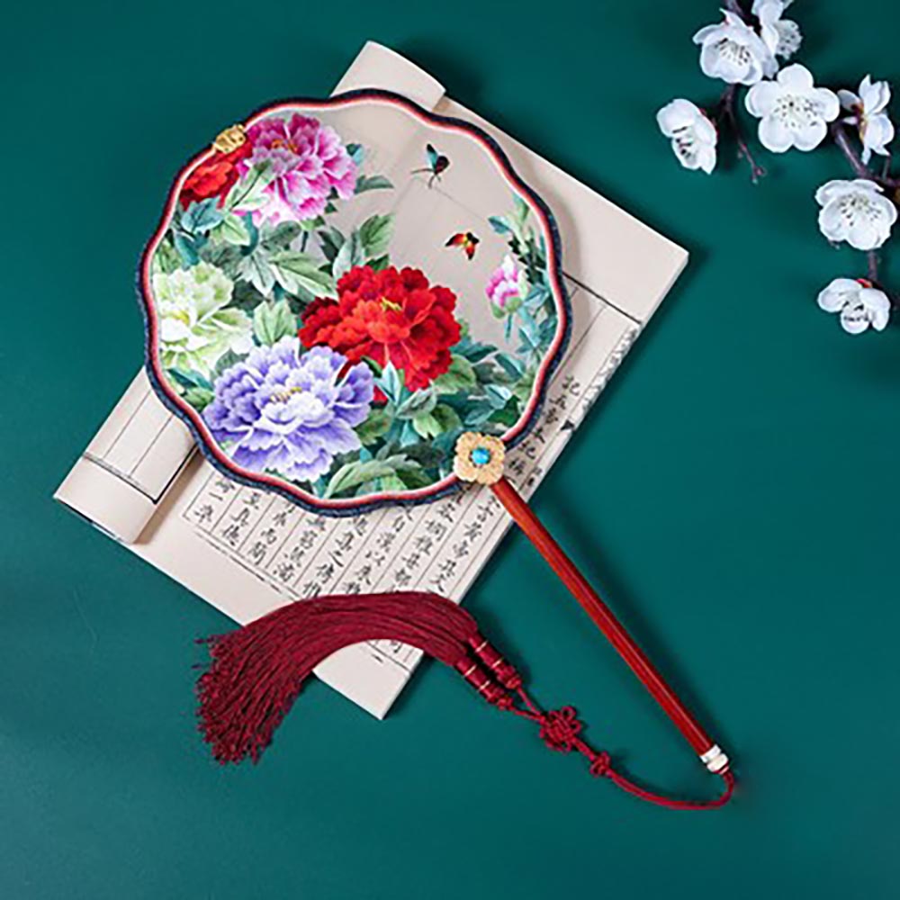 Handmade Double Side Embroidered Suzhou Embroidery Blooming Peony Flower Chinese Handheld Decorative Fan Chinese Art-05