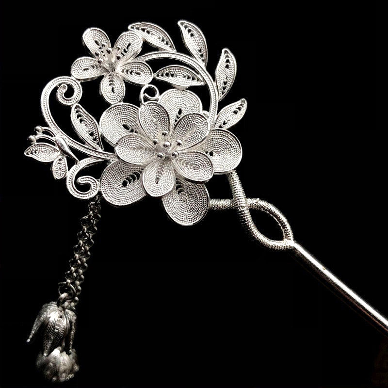 Handcrafted Vintage Chinese Style 999 Sterling Silver Filigree Flowers on the Branch with Butterfly, Flower Buds Tassel Hairpin