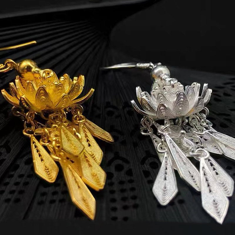 Boucles d'oreilles en filigrane de fleur de lotus vintage pour femmes en argent sterling 999 fabriquées à la main