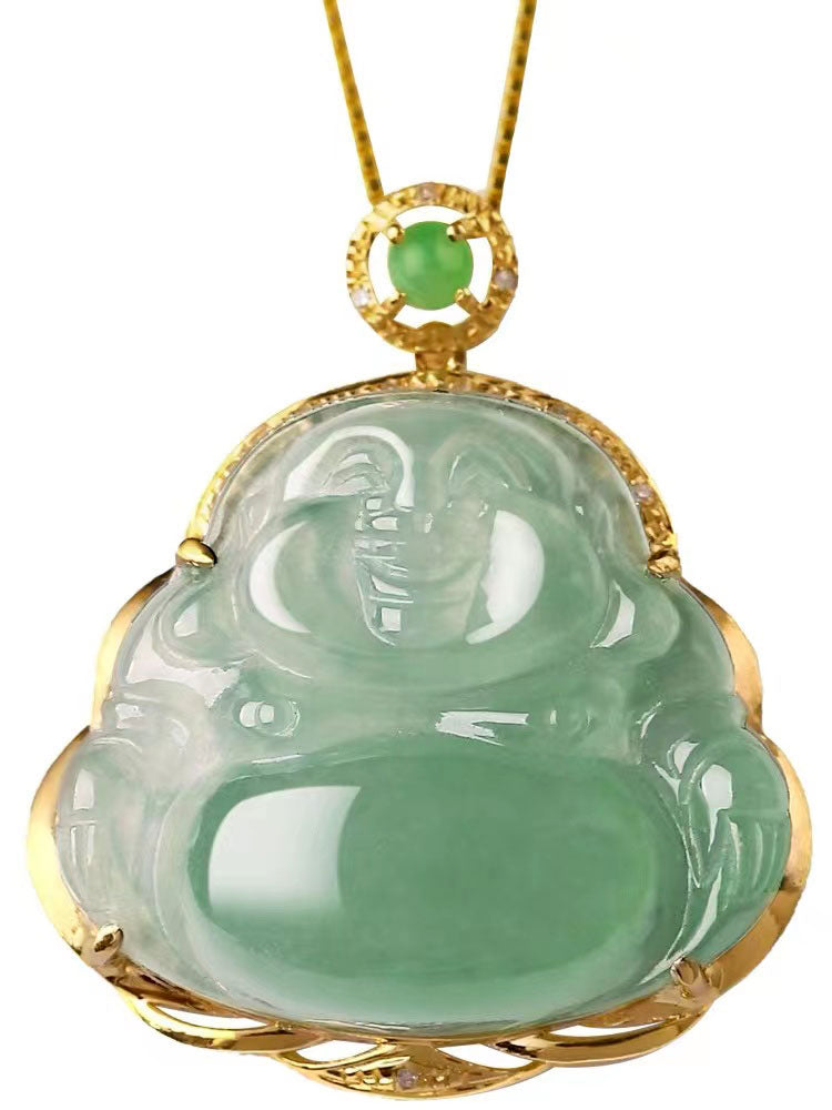 18K Gold Inlay Natural Ice Jadeite Jade Laughing Buddha「Happiness」Pendant Necklace for Men and Women-05