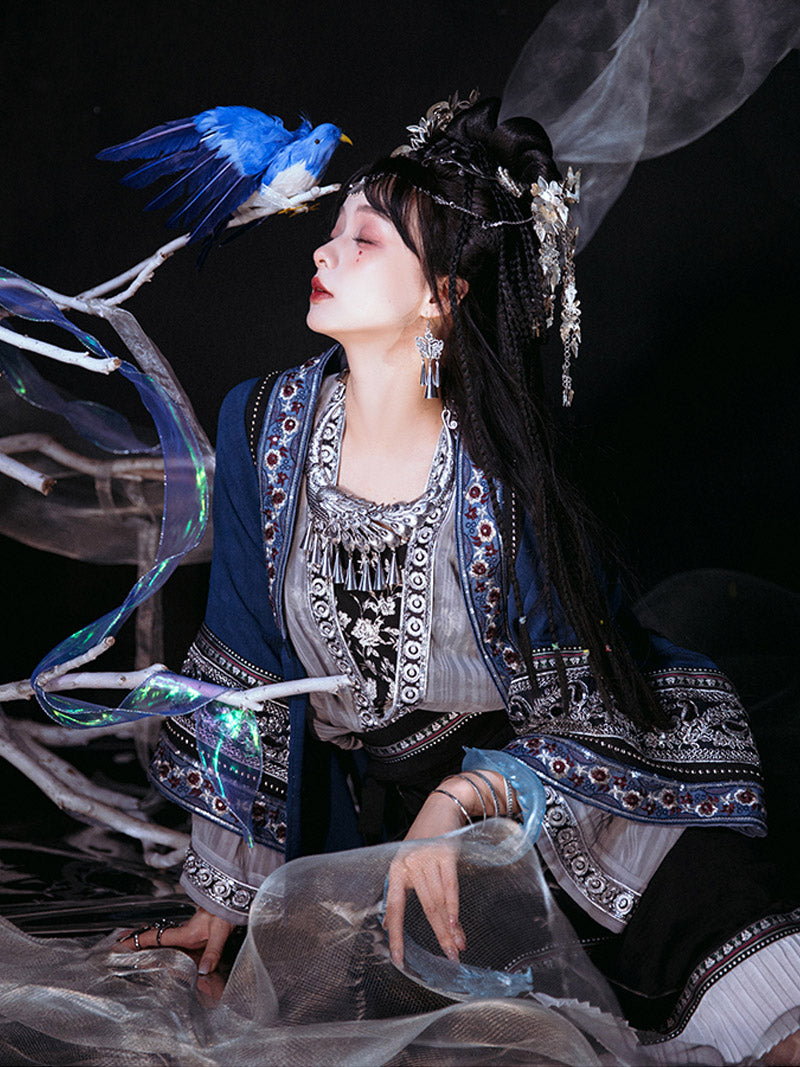 Miao Ethnic Minority Blue Embroidery Morden Hanfu Skirt Set-06
