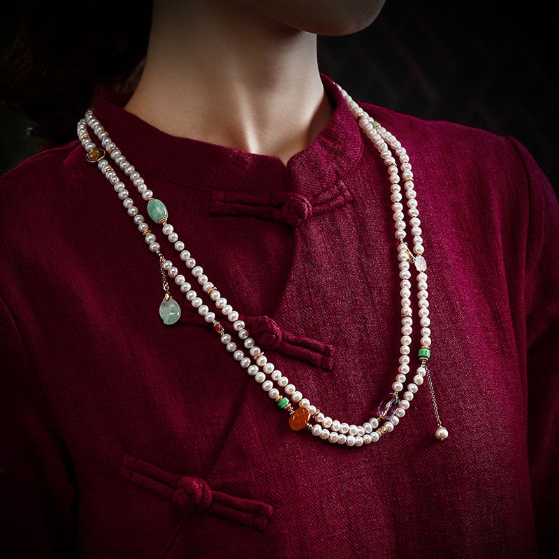 Exclusive Design Chinese Style Vintage Pearl Necklace with Fine Jade Tourmaline Gems-02