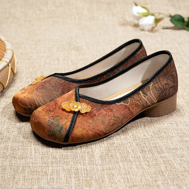 Mocassins à talons bas imprimés chinois rétro, chaussures décontractées pour femmes