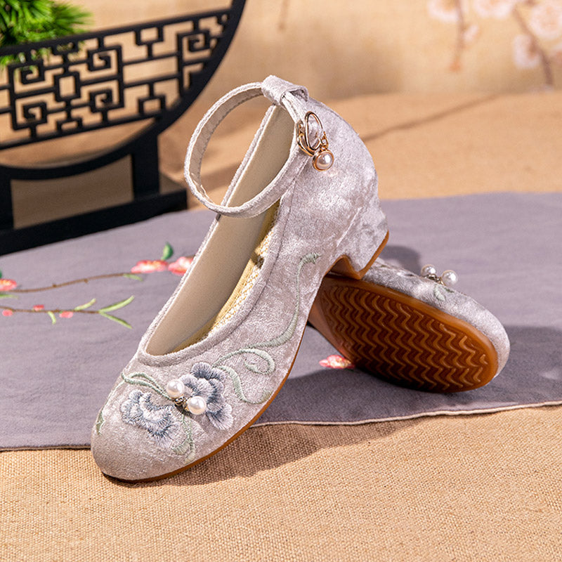 Women's Ankle Strap Mid-Heel Pumps with Embroidery