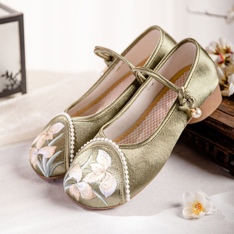 Orchid Flower Embroidery Ankle Strap Low Heel Shoes