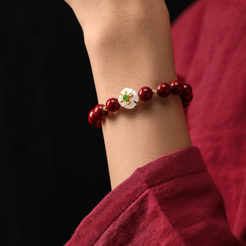 Natural Cinnabar【Bring good luck and abundance】Beaded Bracelet with Jade Carved Four-Leaf Flower