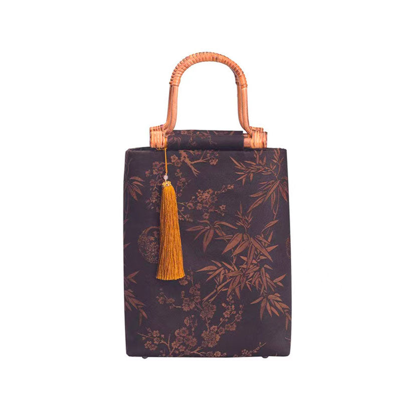 Retro Chinese Style Bamboo and Plum Print Handmade Wooden Handle Tote Bag