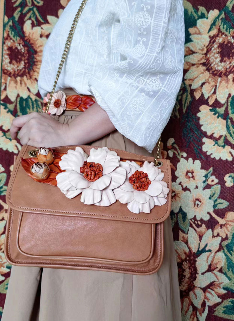Sac messager en cuir fait à la main avec grappes de fleurs vintage pour femme