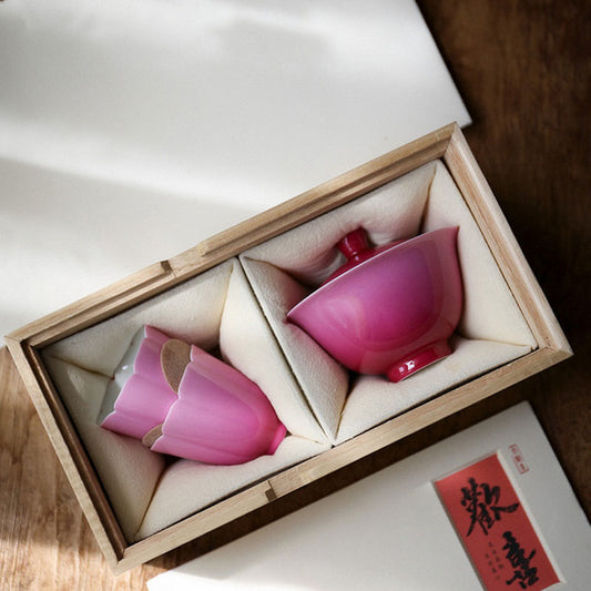 Chinese Jingdezhen Rose Carmine Gradient-effect Porcelain Tea Cup Set