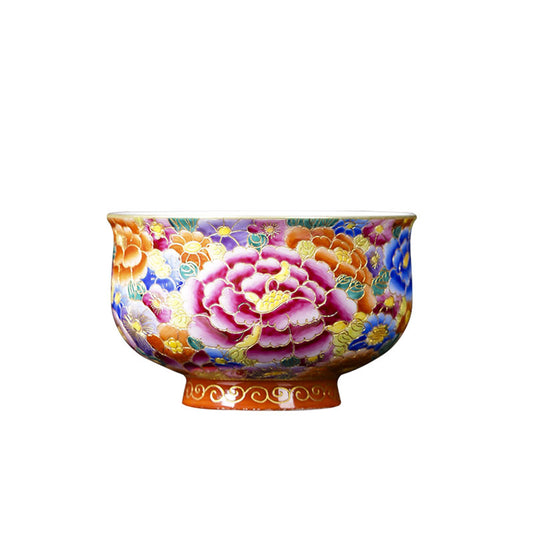 Jingdezhen Antique Cloisonné Enamel Painting Blooming Flowers Porcelain Tea Cup