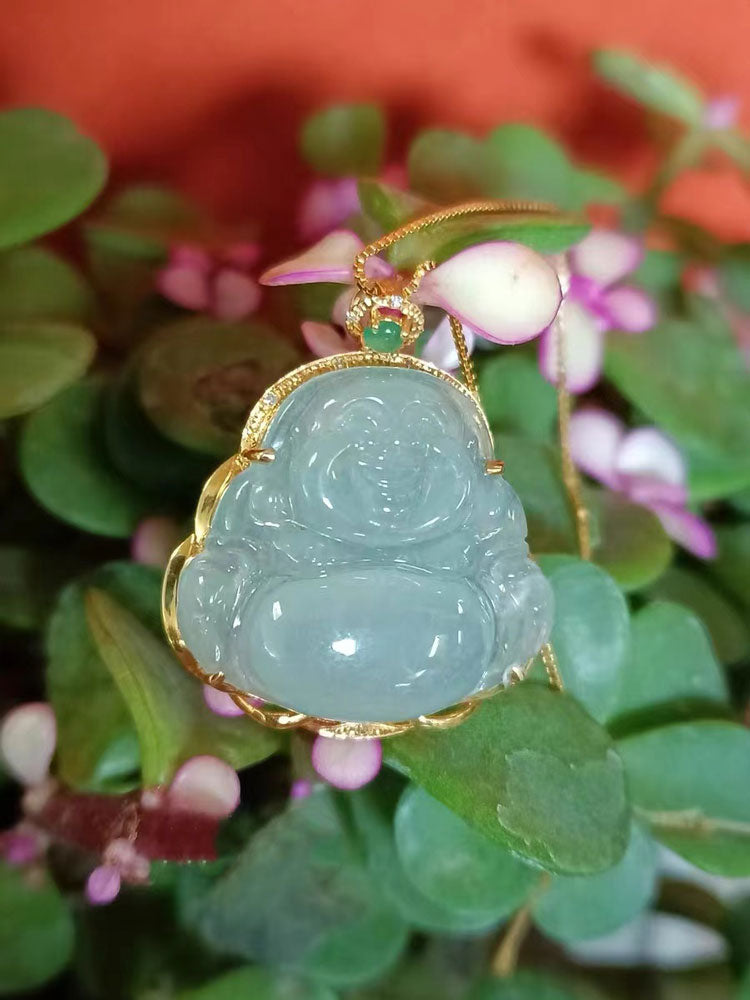 18K Gold Inlay Natural Ice Jadeite Jade Laughing Buddha「Happiness」Pendant Necklace for Men and Women-06