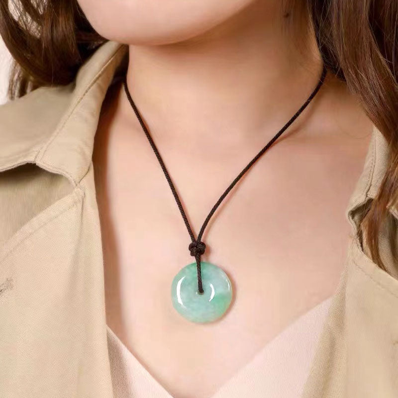 Moss in Snow Natural Ice Jadeite Jade Chinese「Ping An Kou」Pendant Necklace for Women and Men-07