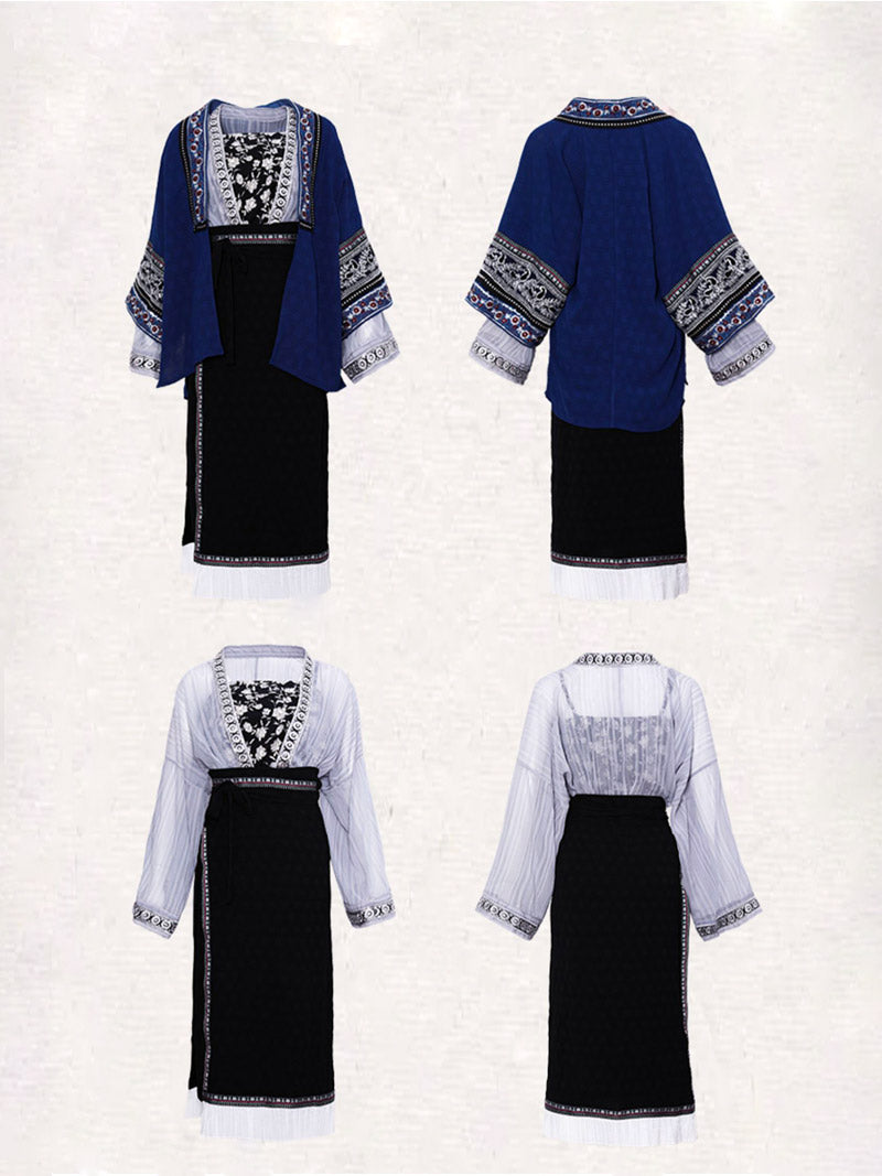 Miao Ethnic Minority Blue Embroidery Morden Hanfu Skirt Set-07
