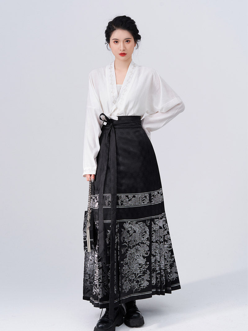 Vintage chinesischer traditioneller Hanfu-Rock mit garngefärbtem Jacquard-Stoff und glücksbringendem Ziegenmuster (Mamianqun Morden Hanfu).