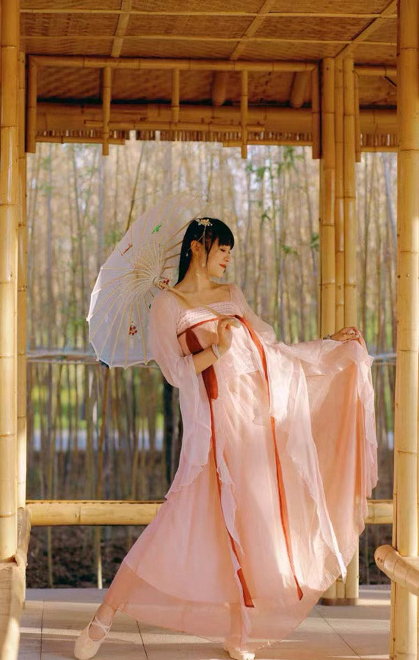 Handmade Pink Modern Hanfu Dess Daily Hanfu Skirt Chinese Style Chiffon Fairy Dress