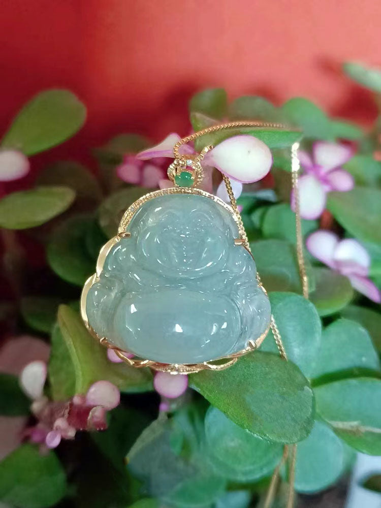 18K Gold Inlay Natural Ice Jadeite Jade Laughing Buddha「Happiness」Pendant Necklace for Men and Women-07
