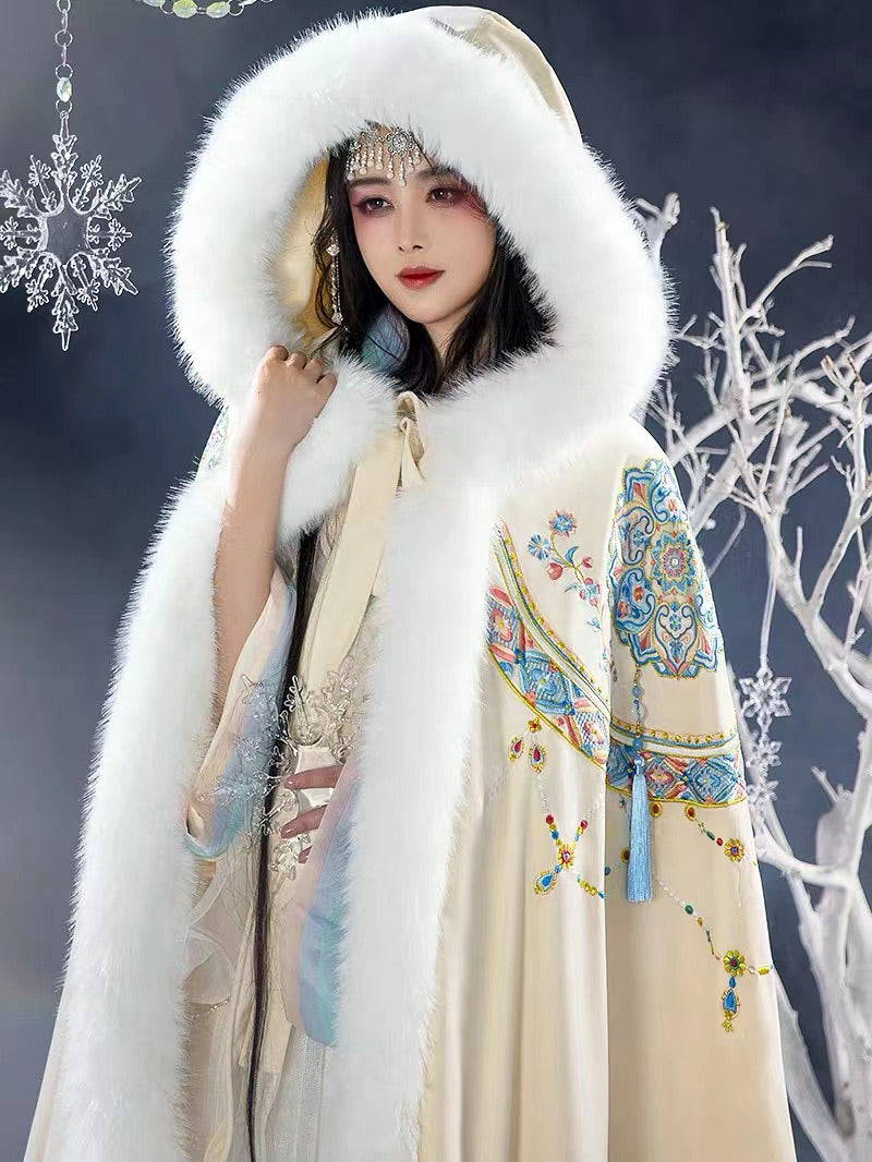 Bluedail Dunhuang Caisson Pattern Embroidery Fall and Winter Long Fleece Hooded Warm Cloak with Artificial Large Fur Collar-07