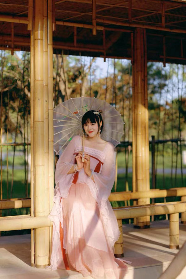 Handmade Pink Modern Hanfu Dess Daily Hanfu Skirt Chinese Style Chiffon Fairy Dress